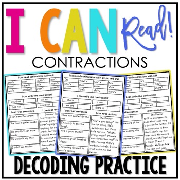 Preview of Contractions Decoding Drills | I Can Read Decodable Phonics Activities