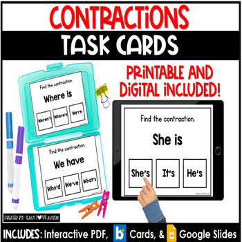 Preview of Contractions | Grammar | Reading Printable Task Cards | Boom Cards