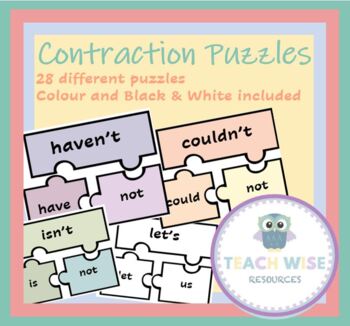 Preview of Contractions Puzzle - Grammar - 28 cards  - Color and B&W