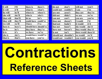 Preview of Contractions Student Reference Sheet