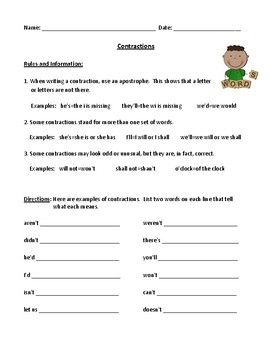 Preview of Contractions: Rules and Worksheet with Answer Key