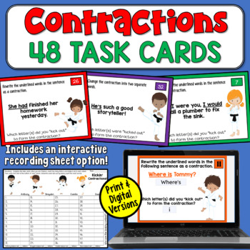 Preview of Contractions Task Cards: 48 Practice Sentences Build & Break with Apostrophes