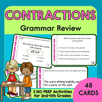 Preview of Contractions Task Cards Activity | Grammar Practice & Review for 2nd 3rd 4th