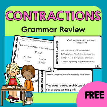 Preview of Contractions Task Cards Activity | Grammar Practice & Review for 2nd 3rd 4th