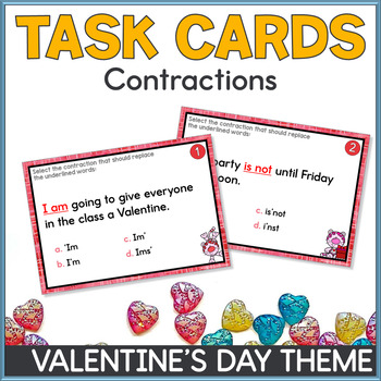 Preview of Valentine's Day Grammar Contraction Task Cards Print and Digital