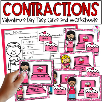 Preview of Contractions - Valentine's Day - Task Cards - Worksheets