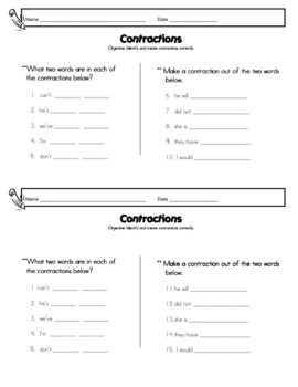 Contractions Worksheet or Test for 2nd or 3rd grade by Ivy Harris