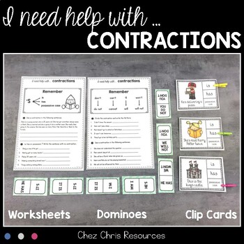 Preview of Contractions Worksheets, Dominoes and Clothespin Clip Cards