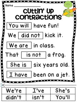 Preview of Contractions Worksheet Activities Fun Morning Work Grammar Practice and Review