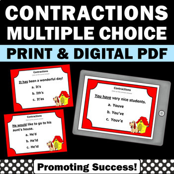 Preview of Contractions Worksheets Game Task Cards Quizzes Grammar Review Spelling Practice