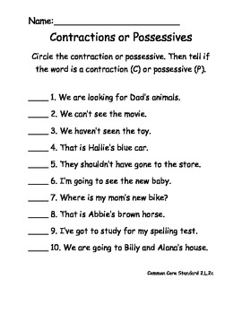 Contractions or Possessives Worksheet for Common Core ELA by gateacher