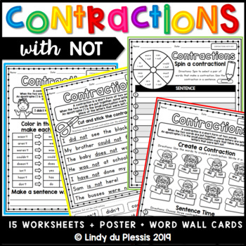 Preview of Contractions worksheets, posters & more (with NOT) includes Easel Activity