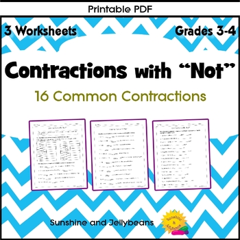 Preview of Contractions with "Not" - 16 Contractions - 3 worksheets - Grades 3-4 - CCSS