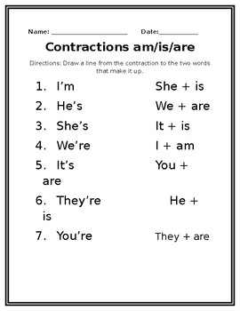 Preview of Contractions worksheet- am, is, are