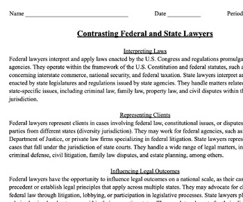 Preview of Contrasting State and Federal Lawyers Reading and Questions Worksheet