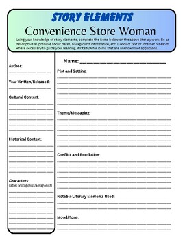 Preview of Convenience Store Woman by Sayaka Murata Story Elements Worksheet