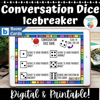 Preview of Conversation Dice Game Task Cards + Boom Cards™ Speech Therapy Group Activity