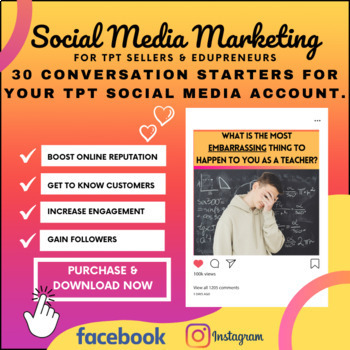 Preview of Conversation Starters For TPT Sellers Social Media Instagram and Facebook