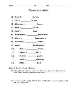 Preview of Conversions Quiz- Fifth Grade Math