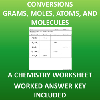 Preview of Grams, Moles, and Molecules Conversions Worksheet Chemistry 10 Problems