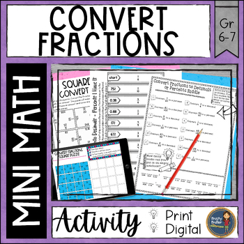 Preview of Convert Fractions Math Activities Puzzles and Riddle - No Prep - Print & Digital