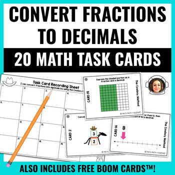 Preview of Convert Fractions to Decimals - 20 Math Task Cards with Recording Sheet