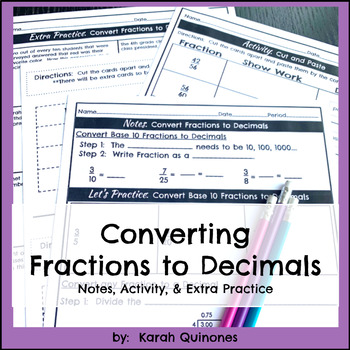 Preview of Convert Fractions to Decimals Notes Activity Homework