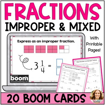 Preview of Improper Fractions and Mixed Numbers Digital Boom Cards and Printable Worksheet