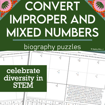 Preview of Convert Improper Fractions and Mixed Numbers - Hispanic Heritage Bio Worksheet