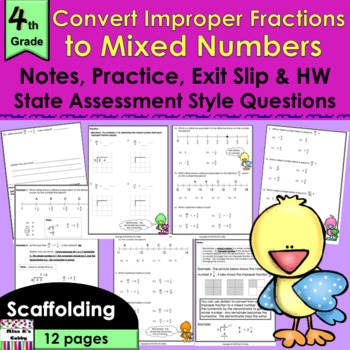 Preview of Convert Improper Fractions to Mixed Numbers: notes, CCLS practice, exit slip, HW