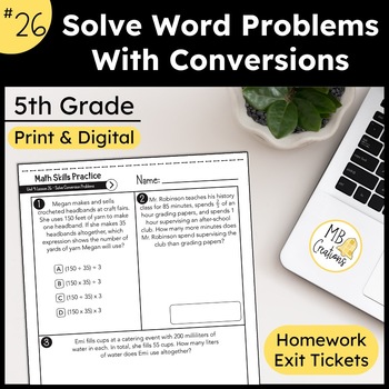 Preview of Convert Measurement Word Problem Worksheet L26 5th Grade iReady Math Exit Ticket