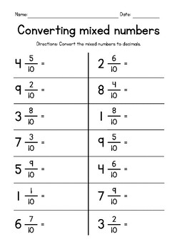 Preview of Convert Mixed Numbers to Decimals Fractions Worksheet FREEBIE