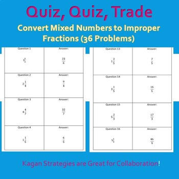 Preview of Convert Mixed Numbers to Improper Fractions: Quiz, Quiz, Trade