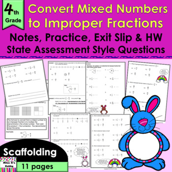 Preview of Convert Mixed Numbers to Improper Fractions: notes, CCLS practice, exit slip, HW