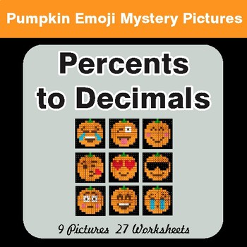 Convert Percents to Decimals - Color-By-Number PUMPKIN EMOJI Math Mystery Pictures