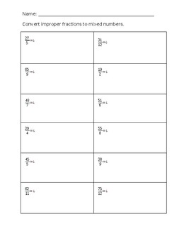 Preview of Convert improper fractions to mixed numbers