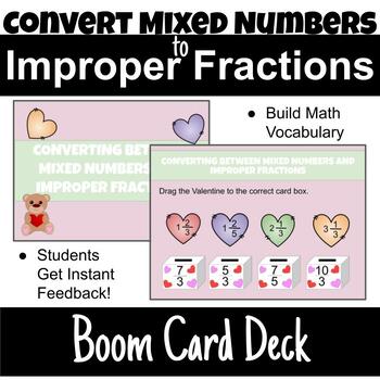 Preview of Converting Between Improper Fractions and Mixed Numbers Boom Card Deck