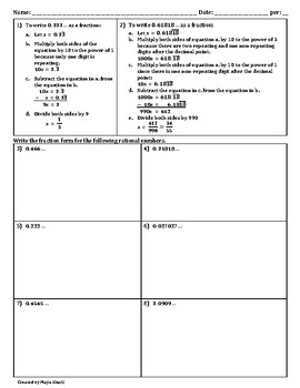 Preview of Converting Decimal Expansions to Fractions Worksheet  - Teaching and Practice