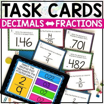 Preview of Converting Decimals to Fractions Task Cards | Print and Digital BUNDLE