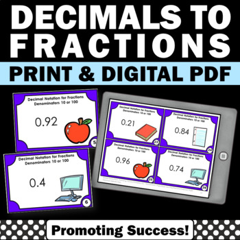 Preview of Converting Decimals to Fractions Tenths Hundredths Fraction SCOOT 4th Grade Math