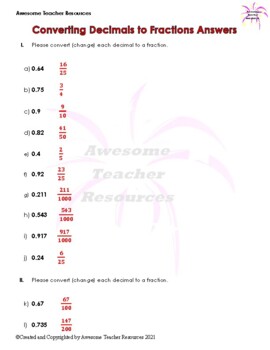 Converting Decimals to Fractions Worksheet #1 by Awesome Teacher Resources