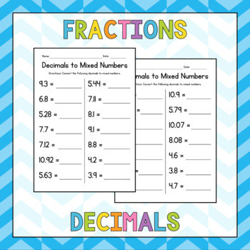 Preview of Converting Decimals to Mixed Numbers Math Worksheets - No prep Sub Plan