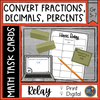 Preview of Converting Fractions Decimals Percents Activity - Task Cards - Havoc Math Relay