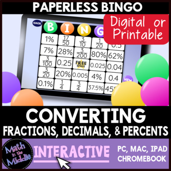 Preview of Converting Fractions, Decimals & Percents Digital Bingo Review Game