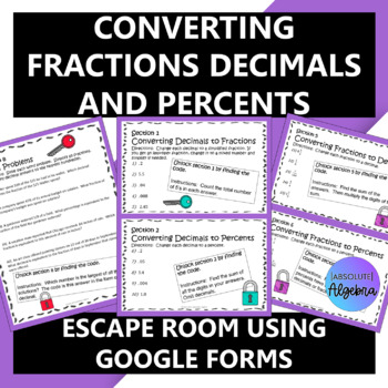 Preview of Converting Fractions Decimals Percents Digital Escape Room using Google Forms