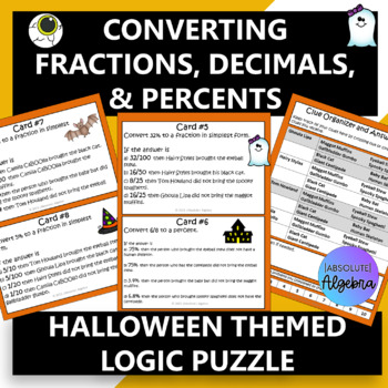 Preview of Converting Fractions Decimals Percents Logic Puzzle Halloween Themed