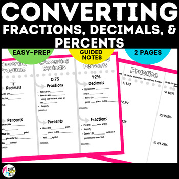 Preview of Converting Fractions, Decimals, and Percents Sketch Notes and Practice