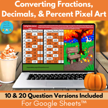 Preview of Converting Fractions, Decimals, and Percents Thanksgiving Fall Math Pixel Art
