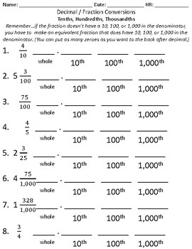 fractions hundredths tenths decimals converting thousandths