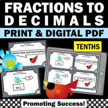 Preview of Converting Mixed Numbers Fractions to Decimals Place Value Task Cards SCOOT Game